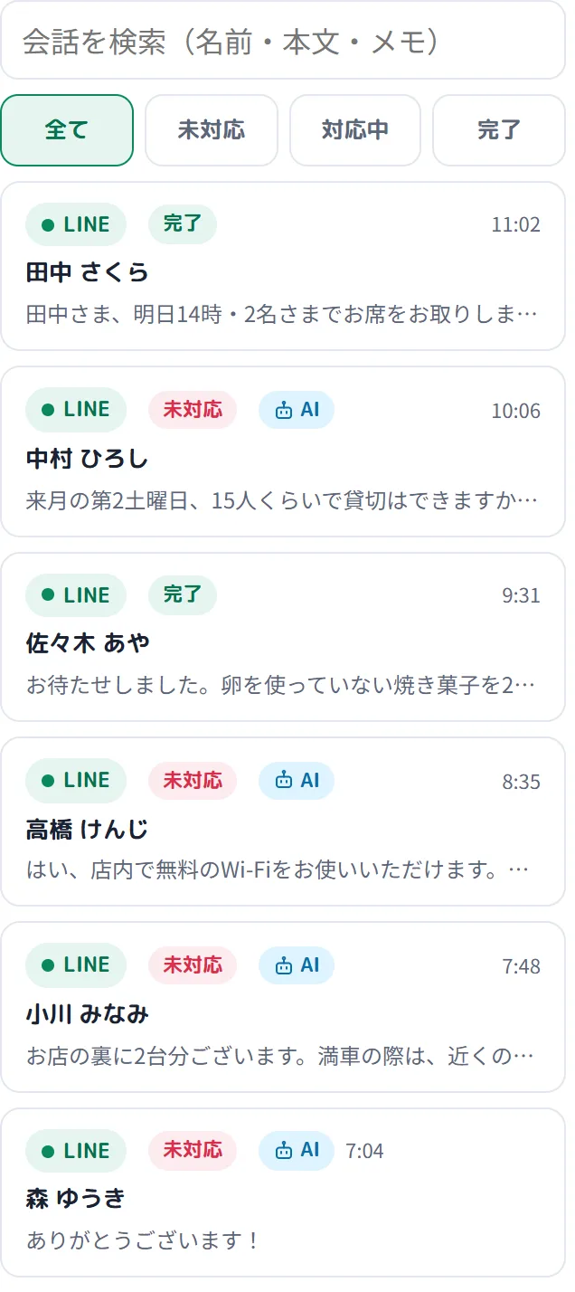 スマホで開いた受信箱。お客さまの名前と最新のメッセージ、対応の状態が並んでいる